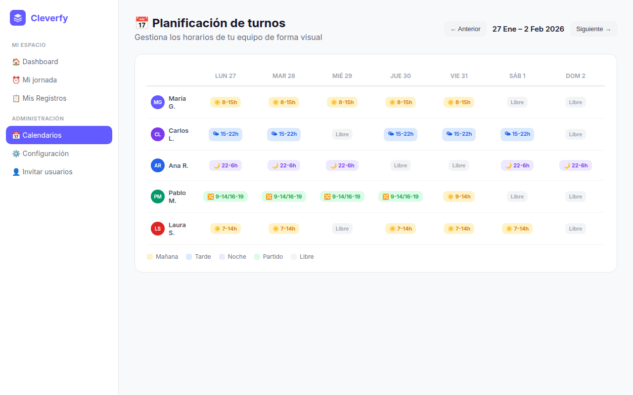 Captura de Turnos rotativos y horarios flexibles en Cleverfy