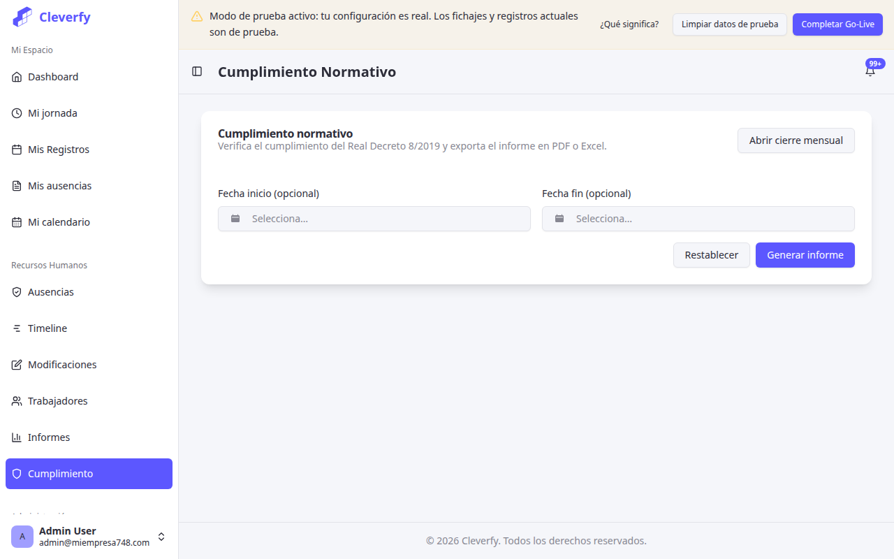 Panel de cumplimiento normativo en Cleverfy